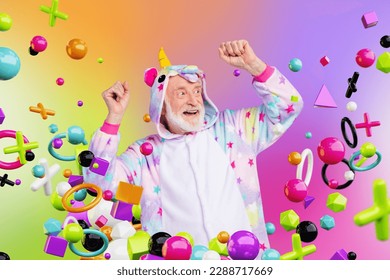 Creative colorful collage of aged man playing high technology futurism game choose unicorn avatar complete dance level - Powered by Shutterstock - Get 15% off with code: PIKWIZARD15