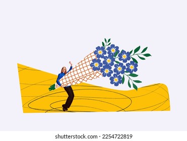 Creative colorful design. Happy smiling young girl holding big bouquet of blue flowers over light background. Concept of holiday, women's day, positive mood, celebration. Copy space for ad - Shutterstock ID 2254722819