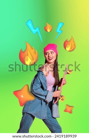 Creative colorful template mockup collage of lady with skate board having many fire lightning reaction expressing amazing