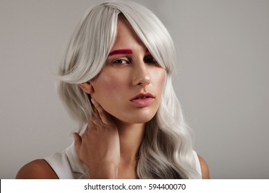 Creative Coloured Hair Of Model. Grey Hair Pink Brows