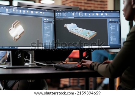 Creative company professional digital engineer modeling 3D mesh while improving geometry. Asset creator optimising polygon count while using CAD to create advanced virtual sketch.