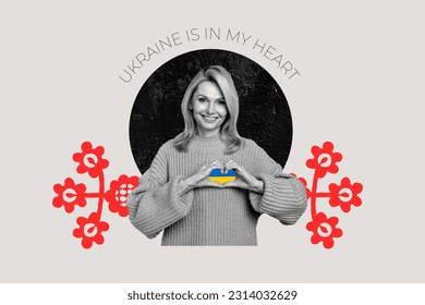 Creative composite 3d photo collage of kind positive cheerful woman hold fingers on heart ukrainian flag isolated on drawing background - Powered by Shutterstock