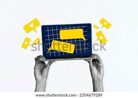 Creative composite 3d photo collage illustration of hands hold laptop get many likes in social media isolated white color background
