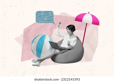 Creative composite abstract collage photo of impressed ecstatic girl sit on bean bag hold laptop win travel isolated drawing background - Powered by Shutterstock