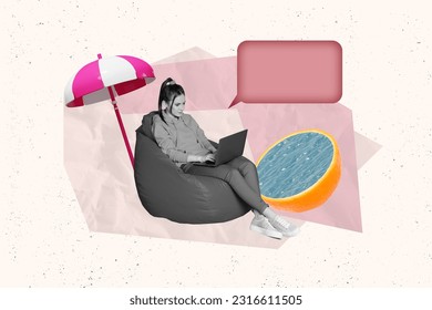 Creative composite abstract collage photo of busy woman freelancer sit on beach remote work on vacation isolated painted background - Powered by Shutterstock