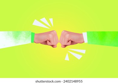 Creative composite abstract illustration 3d photo collage of two fists bump together gesture isolated bright yellow color background