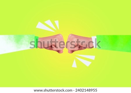 Creative composite abstract illustration 3d photo collage of two fists bump together gesture isolated bright yellow color background