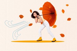 Creative Composite Abstract Photo Collage Of Wind Blow On Upset Unhappy Dissatisfied Woman Hold Parasol Isolated On White Color Background