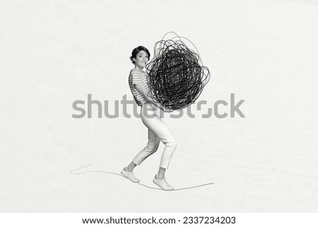 Creative composite abstract photo collage of scared worried nervous woman pulling roll of doodles isolated on white color background