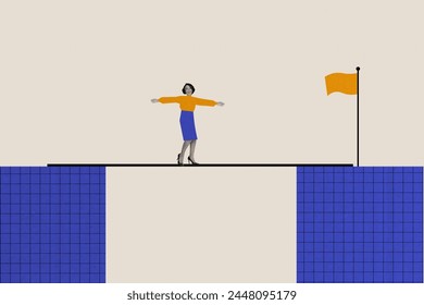 Creative composite abstract sketch photo collage of excited purposeful woman stand over abyss go to flag isolated on drawn background - Powered by Shutterstock