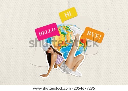 Creative composite artwork photo collage of positive cheerful girl say hello chatting online in app isolated on colorful background