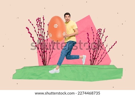 Creative composite collage photo of young funny active guy running hold colored orange easter egg tradition feast isolated on drawing background