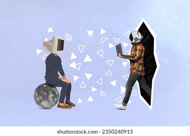 Creative composite collage two headless personages use laptop cosmonaut helmet new opportunities explore galaxy isolated on blue background