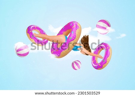 Creative composite collage of young active girl jumping diving water inside rubber donut inflatable rings isolated over heaven background