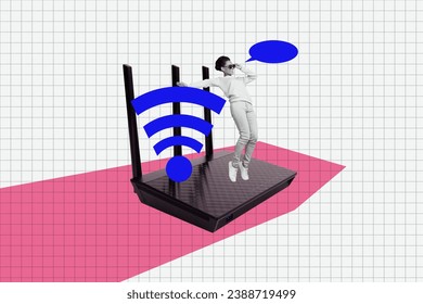 Creative composite illustration collage of cool girl standing tiptoes on wifi router hotspot connection isolated on checkered background