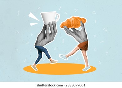 Creative composite illustration photo collage of bodyless people hands instead of body hold cup croissant isolated on drawing background - Powered by Shutterstock