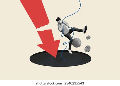Creative composite illustration photo collage of scared frightened man hold rope look down in chasm isolated on painted background