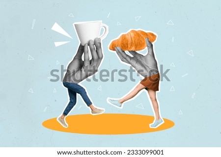 Creative composite illustration photo collage of bodyless people hands instead of body hold cup croissant isolated on drawing background
