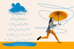 Creative Composite Photo Collage Of Cheerful Nice Girl Running Outdoors With Umbrella In Rainy Weather Isolated On Colorful Background