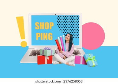 Creative composite photo collage of curious happy girl sit on laptop packaging online orders with new outfit isolated drawing background