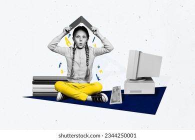 Creative composite photo collage of funny small schoolgirl sit near computer hold book over head isolated on white color background