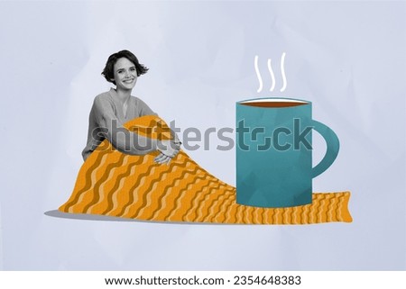 Creative composite photo collage of satisfied positive girl covers warm blanket drink hot cap of cacao isolated drawing background