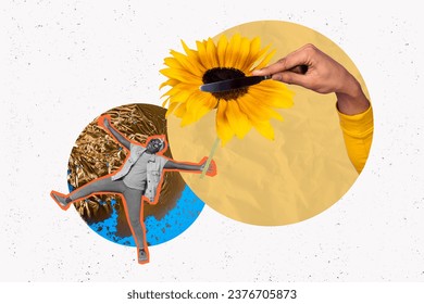 Creative composite photo concept collage of funny funky african woman hold sunflower knife in arm isolated on white color background