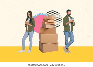 Creative composite photo illustration collage of happy satisfied people tracking packages in smartphone app isolated drawing background