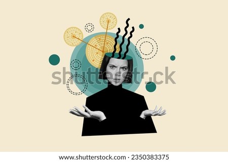 Creative composite photo illustration collage of puzzled confused woman asking question have no idea isolated on drawing background