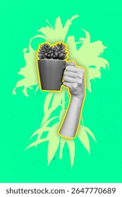 Creative composite sketch design artwork collage of hand gesture showing body language hold cup drink tea coffee flower organic cactus