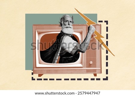 Creative composite sketch design artwork collage of olympic god aged man beard appear television tuner display hand hold flashlight