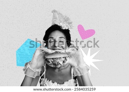 Creative composite sketch design artwork collage of marie antoinette baroque style royal fashion young lady eat burger past meet future