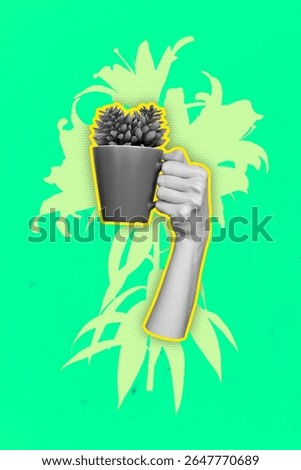 Creative composite sketch design artwork collage of hand gesture showing body language hold cup drink tea coffee flower organic cactus