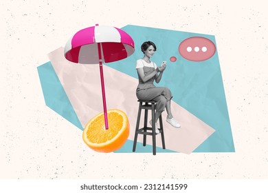 Creative composite template collage photo of good mood girl sit on high chair texting message under parasol isolated drawing background - Powered by Shutterstock
