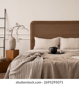 Creative composition of bedroom interior with cozy bed, beige bedding, plaid, trace with pitcher and cup, coffee table with branch, black ladder and personal accessories. Home decor. Template. 