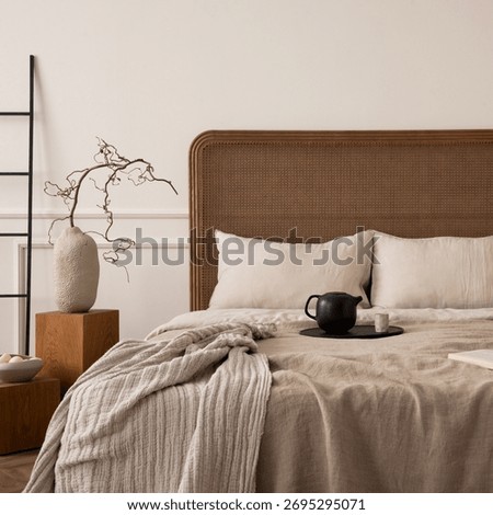 Creative composition of bedroom interior with cozy bed, beige bedding, plaid, trace with pitcher and cup, coffee table with branch, black ladder and personal accessories. Home decor. Template. 