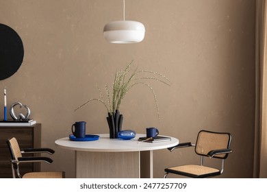 Creative composition of elegant dining room interior with  table, chairs, commode, decorations and personal accessories. Home decor.  Beige wall. Template.
 - Powered by Shutterstock