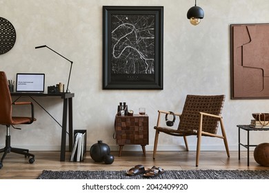 Creative composition of elegant masculine home office interior with mock up poster frame, brown armchair, industrial office desk and personal accessories. Template. - Shutterstock ID 2042409920