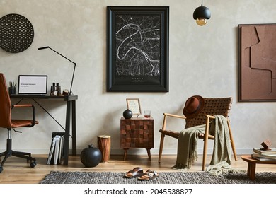 Creative Composition Of Elegant Masculine Home Office Interior With Mock Up Poster Frame, Brown Armchair, Industrial Office Desk And Personal Accessories. Template.