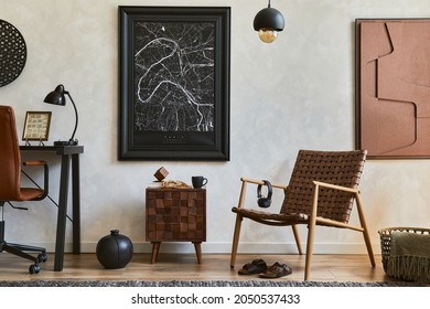 Creative Composition Of Elegant Masculine Home Office Interior With Mock Up Poster Frame, Brown Armchair, Industrial Office Desk And Personal Accessories. Template.