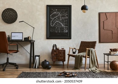 Creative Composition Of Elegant Masculine Home Office Interior With Mock Up Poster Frame, Brown Armchair, Industrial Office Desk And Personal Accessories. Template.