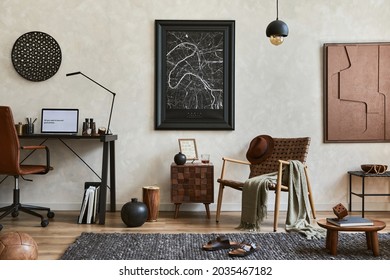 Creative Composition Of Elegant Masculine Living Room Interior With Mock Up Poster Frame, Brown Armchair, Industrial Office Desk And Personal Accessories. Template.