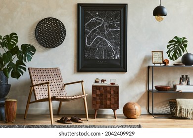 Creative Composition Of Elegant Masculine Living Room Interior Design With Mock Up Poster Frame, Brown Armchair, Industrial Geometric Shelf And Personal Accessories. Template.