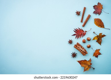 Creative composition with fall leaves, spices and nuts on blue.