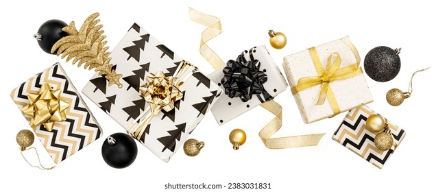 Creative composition of festive present boxes. Free levitation. Black and gold colors. Long banner