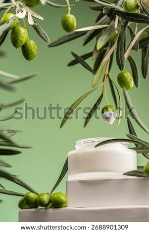 Creative composition with a fresh olive dipped in white cosmetic cream above an open skincare jar surrounded by olive branches on a green background. Concept of natural beauty products,