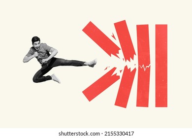 Creative Composition Of Guy Kick Leg Bricks Destroy Barriers Achieving Career Goals Isolated On Pastel Color Background