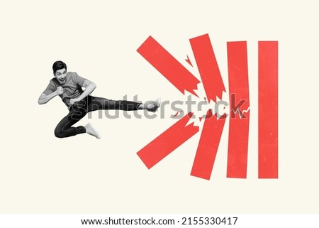 Creative composition of guy kick leg bricks destroy barriers achieving career goals isolated on pastel color background