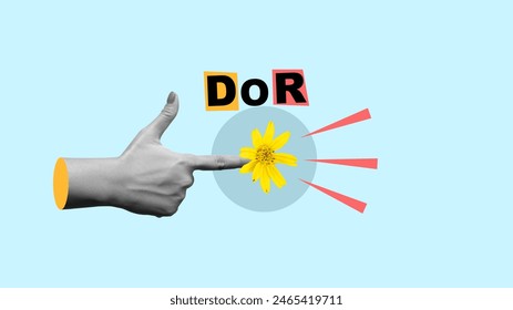 Creative composition with a hand pointing finger to threedimensional text and a yellow flower against a solid blue background, combining elements of nature and graphic design
