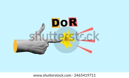 Creative composition with a hand pointing finger to threedimensional text and a yellow flower against a solid blue background, combining elements of nature and graphic design